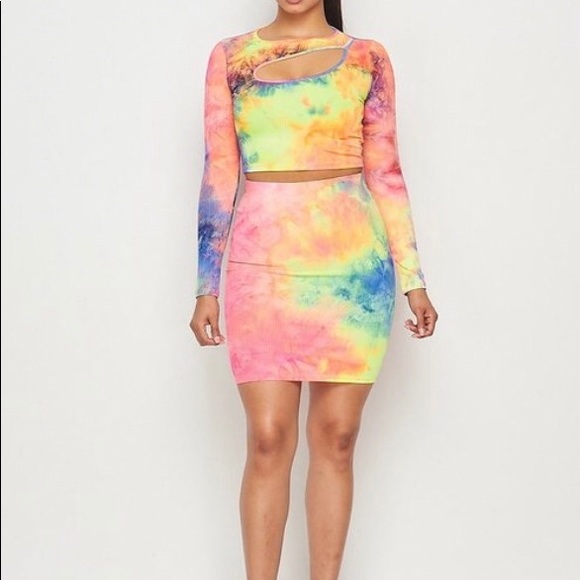 LOVE J Tie Dye Multi Neon Color Crop Top Skirt Set - Picture 5 of 12